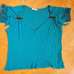 Aqua blue top w frilly cap sleeve